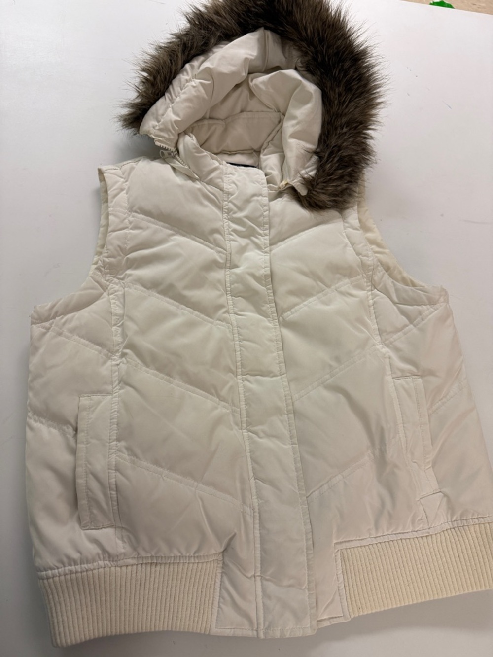 Cream Puffer Vest with Faux Fur Hood